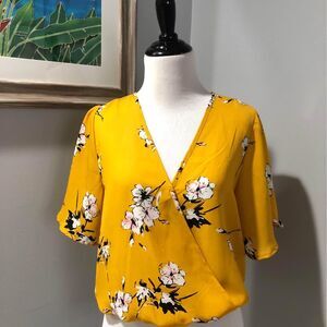 Women’s Yellow Floral Short Sleeve Faux Wrap Blouse - Size Medium